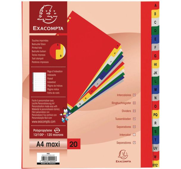 Lot de 20 Intercalaires alphabet pp couleurs 12/100e 20 positions A4+