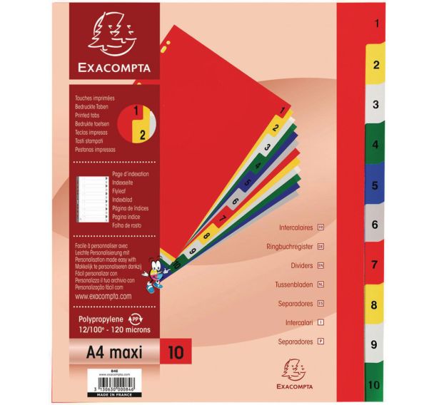 Lot de 20 Intercalaires imprimés pp couleurs 12/100e 10 positions A4+