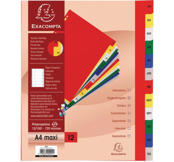 Lot de 20 Intercalaires mensuel pp couleurs 12/100e - 12 positions A4+