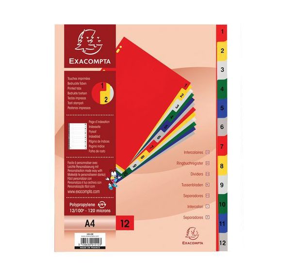 Lot de 20 Intercalaires numériques PP 12/100e 12 positions A4