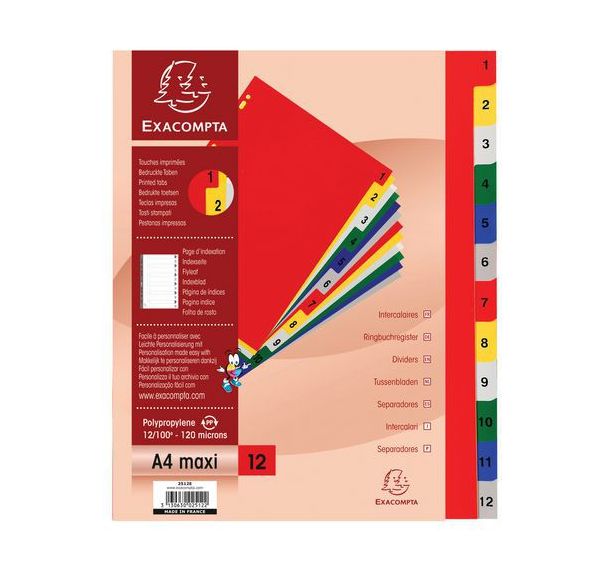 Lot de 20 Intercalaires numériques polypropylène 12 positions A4 maxi