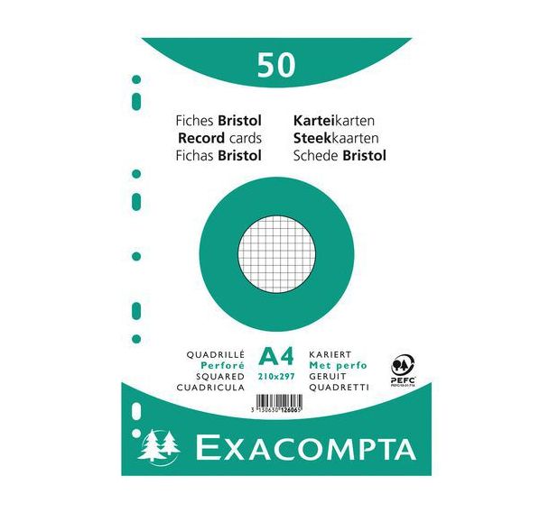 Lot de 20 Paquet 50 fiches sous film quadrillé 5x5 perforé 210x297mm