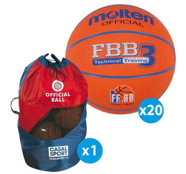 Lot de 20 ballons de basket T.3 Molten FFBB TRAINING + sac de rangement