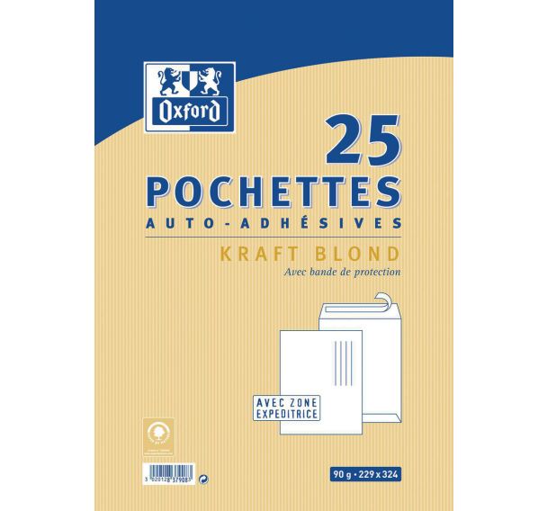Lot de 250 Pochettes 229x324 90g kraft blond auto adhésives
