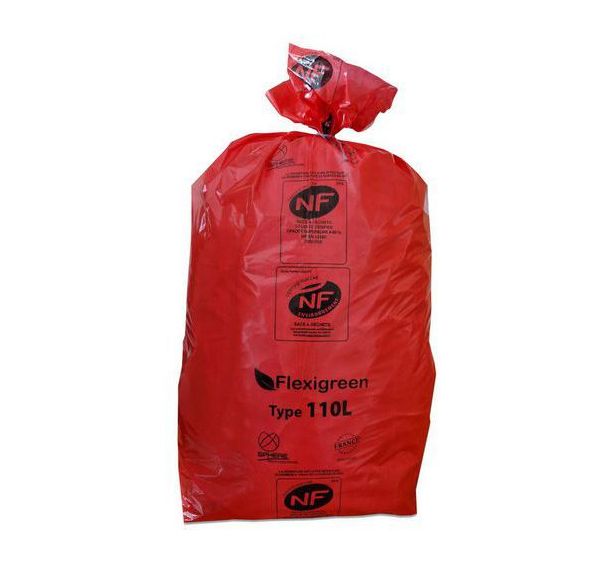 Lot de 250 Sac poubelle recyclable - Déchets dangeureux - 110L - Rouge