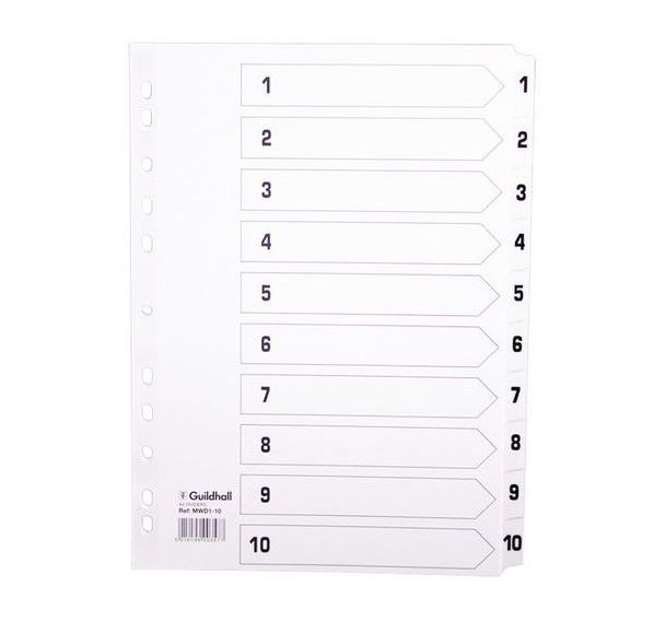 Lot de 25 Intercalaires à touches plastifiées - 10 touches 1 à 10 A4