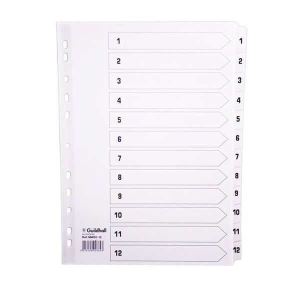 Lot de 25 Intercalaires à touches plastifiées - 12 touches 1 à 12 A4