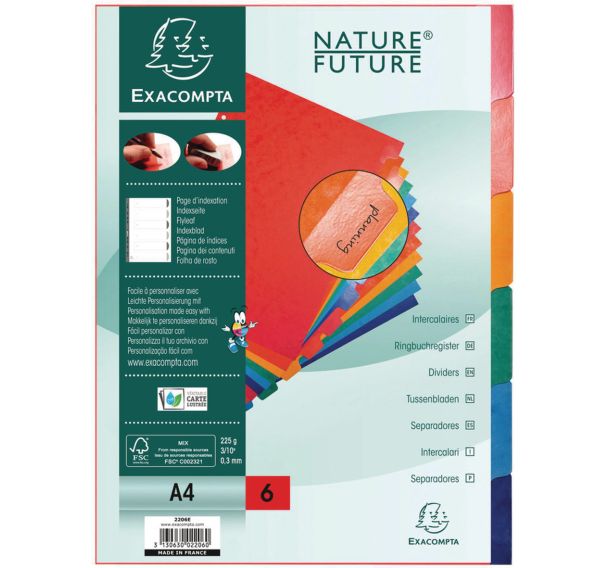 Lot de 25 Intercalaires carte lustrée 225g avec onglets 6 positions A4