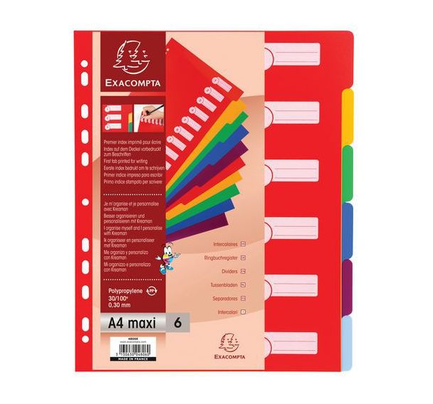Lot de 25 Intercalaires pp opaque semi rigide 6 positions - a4 maxi