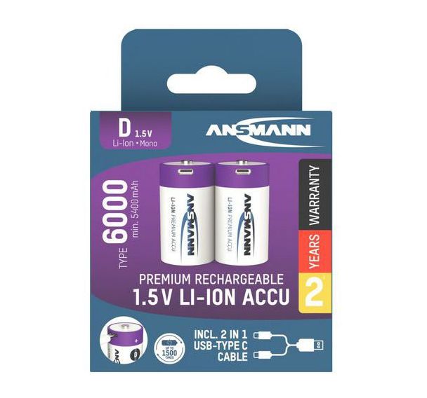 Lot de 2 piles Accu lithium rechargeable Mono D