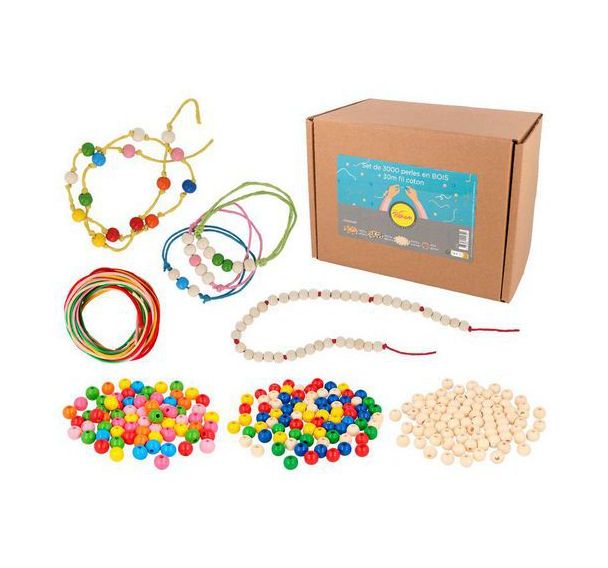 Lot de 3000 perles bois Ø10mm assorties + 30 m fils