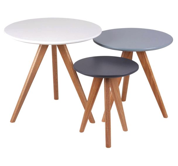 Lot de 3 tables gigognes Lucio diamètre 48-40-30 cm Chêne/Bleu/Gris