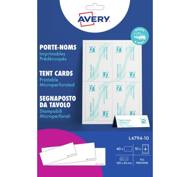 Lot de 40 Porte-noms chevalet imprimable - 120 x 45 mm