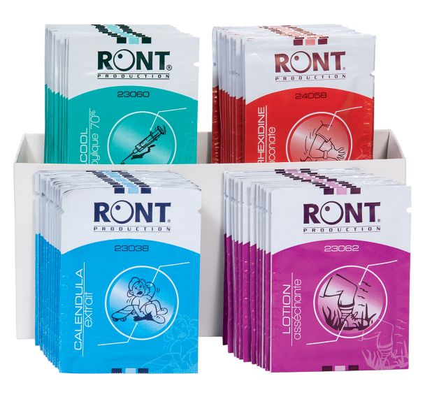 Lot de 48 assortiments de serviette:chlorhexidine,assechante,calendula,alcool-Ront