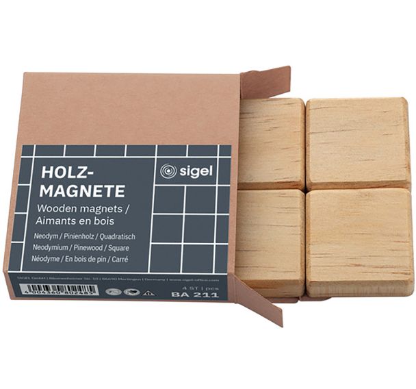 Lot de 4 Aimants en bois carrés - 33mm - 4 pce - Nature - Sigel