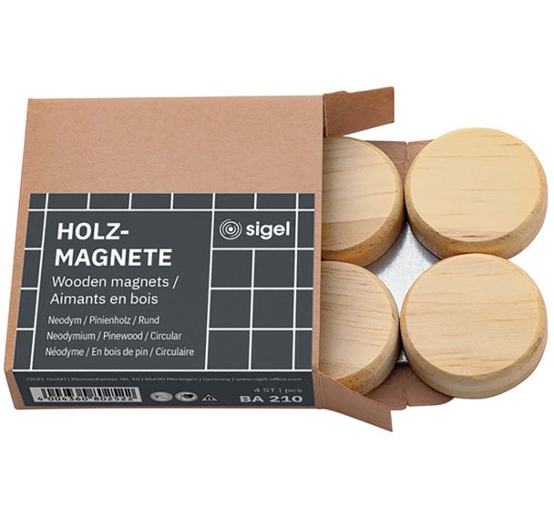 Lot de 4 Aimants en bois ronds - 33mm - 4 pce - Nature - Sigel
