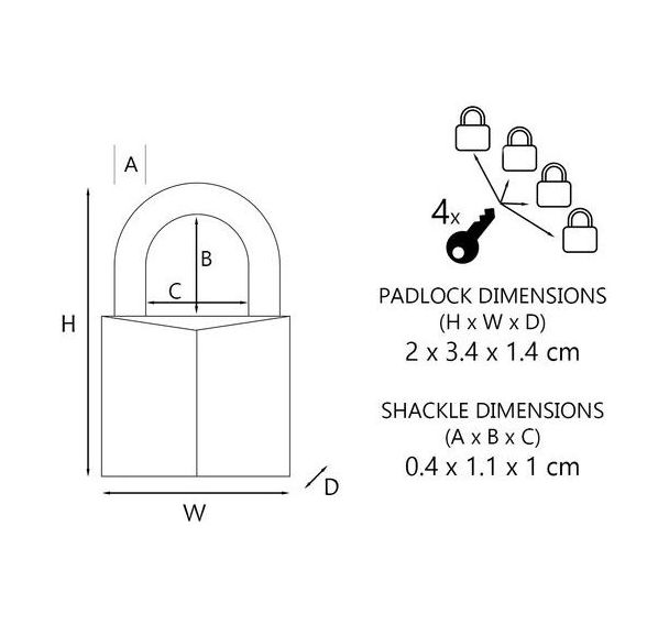 Lot de 4 Cadenas à clés en laiton massif - Largeur 20 mm