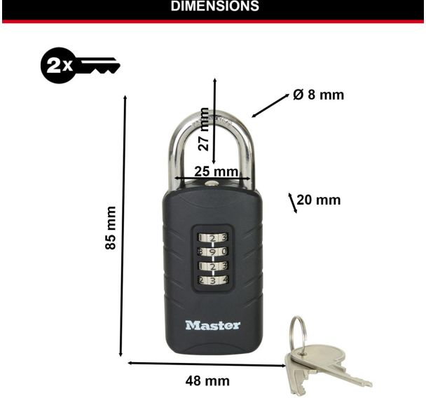 Lot de 4 Cadenas à combinaison et clé de secours - 48mm