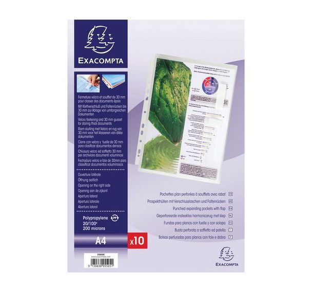 Lot de 4 Sachet de 10 pochettes à soufflet avec rabat latéral PP A4