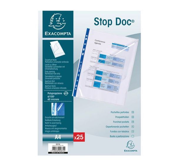 Lot de 4 Sachet de 25 pochettes perforées stop doc ouverture coin A4
