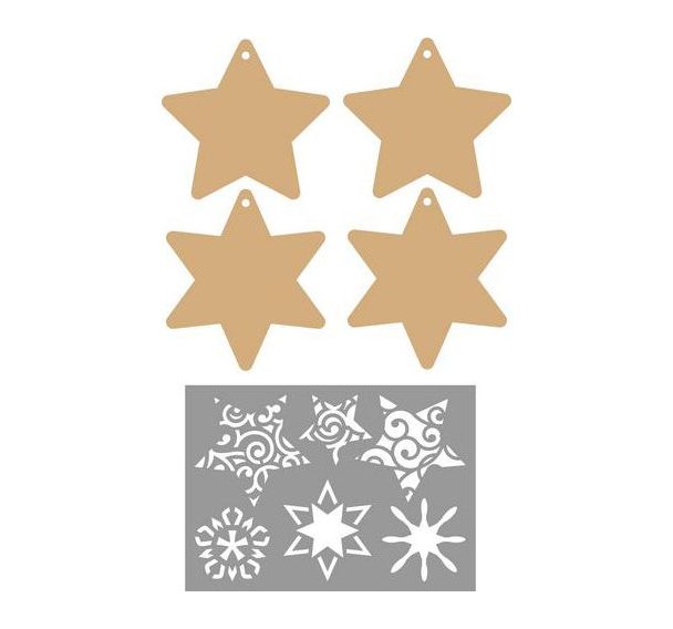 Lot de 4 étoiles en MDF à décorer + modèles pochoirs