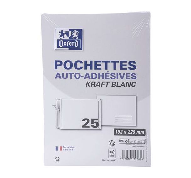 Lot de 500 Pochettes 162x229 90g kraft blanc auto adhésives