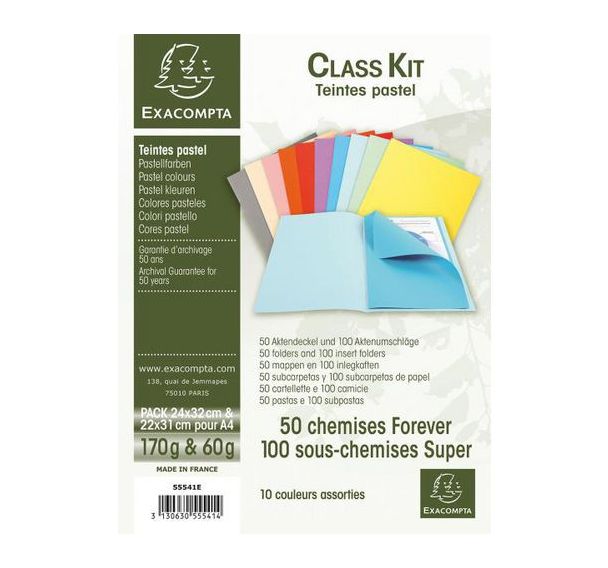 Lot de 50 chemises dossier 170g + 100 sous chemises 60g couleurs pastel assorties