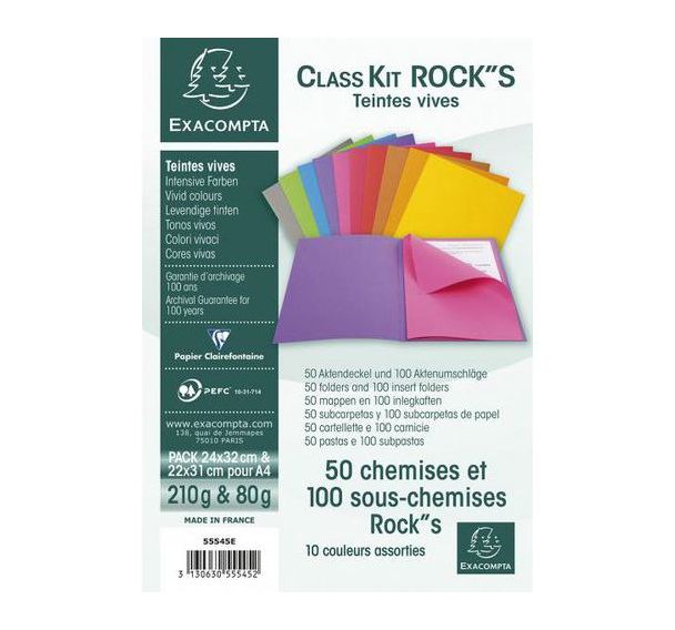 Lot de 50 chemises dossier 210 g + 100 sous chemises 80g, couleurs vives