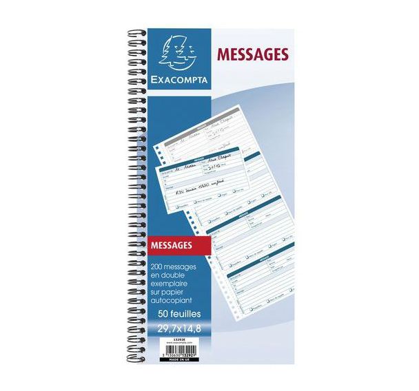 Lot de 5 Carnet spiralé- Messages téléphones - 50 feuilles dupli autocopiantes