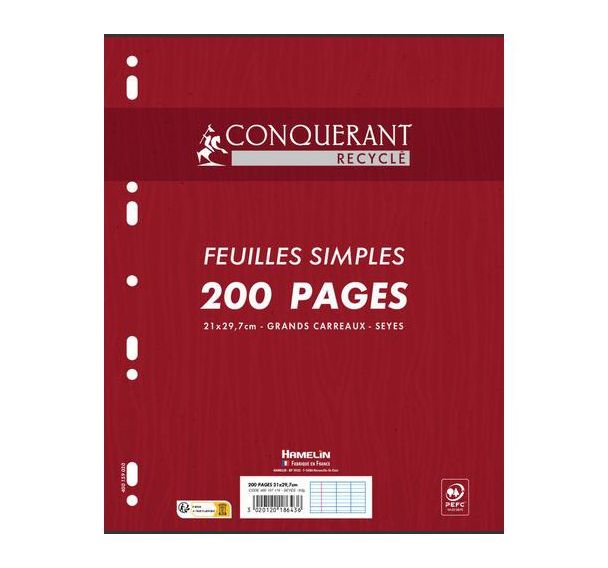 Lot de 5 Feuiles simples perforées Seyes recyclées - Conquérant