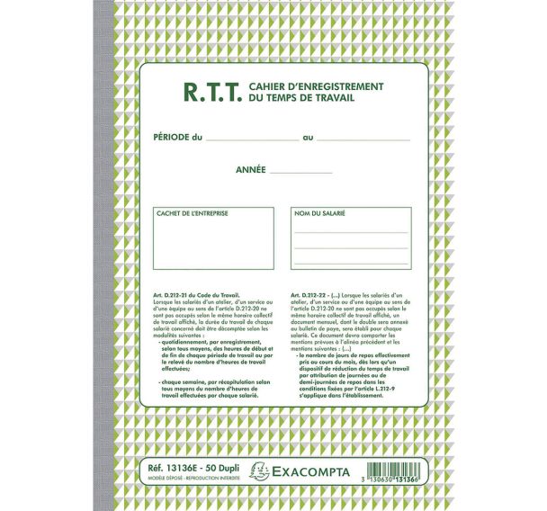 Lot de 5 Manifold RTT Enregistrement temps travail 50 feuil. dupli autocopiants