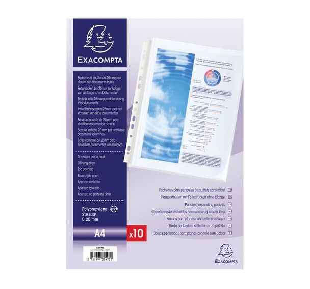 Lot de 5 Sachet de 10 pochettes à soufflet sans rabat PP A4