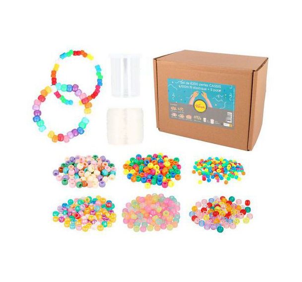 Lot de 6200 perles plastiques Ø9 et 6mm + 100m fils + 5pots