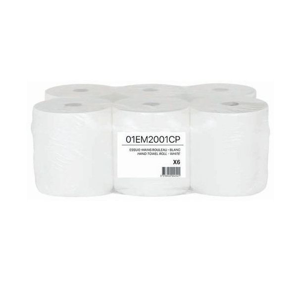 Lot de 6 Essuie-main rouleau 2 plis collés - blanc - Mp hygiène