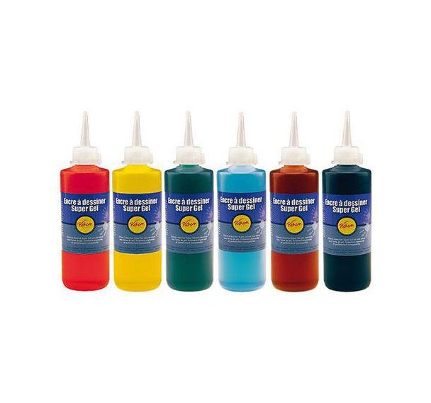 Lot de 6 flacons 200 ml encre à dessiner gel Pichon couleurs assorties