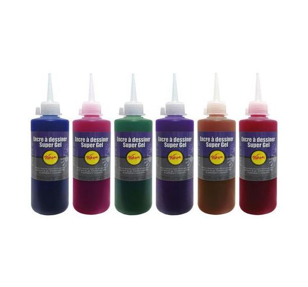 Lot de 6 flacons 200 ml encre à dessiner gel Pichon couleurs assorties