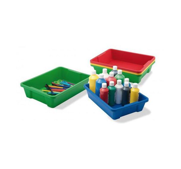 Lot de 6 grands plateaux de rangement couleurs assorties. dim d'un plateau : 37,5 x 26,5 x 9 cm.