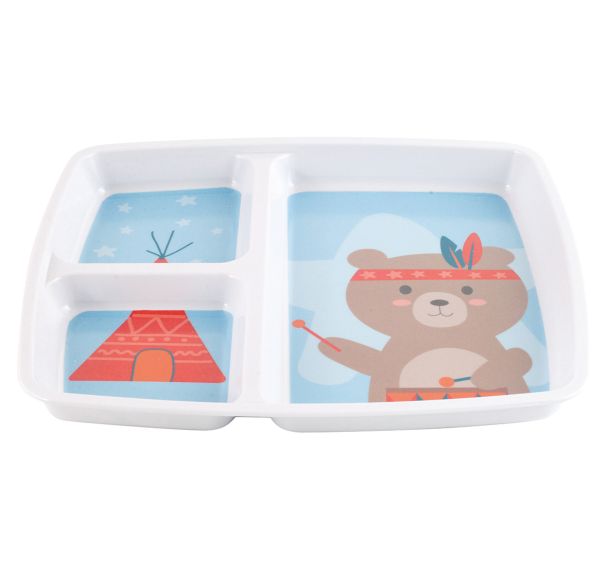 Lot de 6 plateaux baby 3 compartiments 25x21 cm mélamine blanche - ourson futé