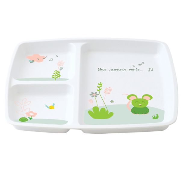 Lot de 6 plateaux baby 3 compartiments 25x21 cm mélamine blanche - souris verte