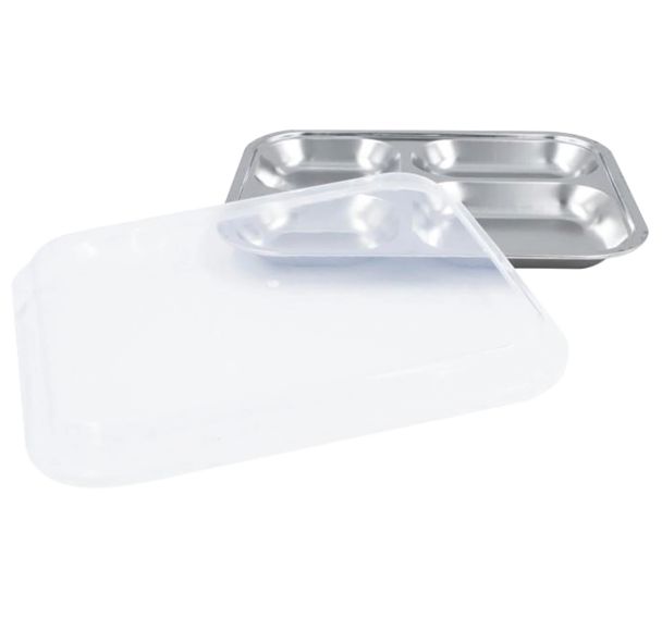 Lot de 6 plateaux inox 4 compartiments avec couvercle polypropylène