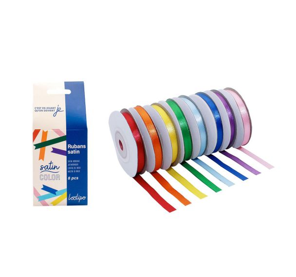 Lot de 8 rubans satin 1 face - 6mmx10 Ml - 8 coloris