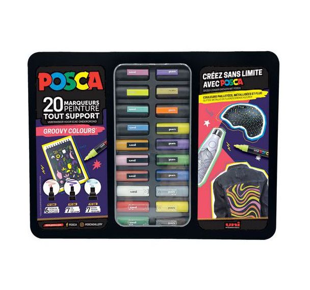 Mallette 20 marqueurs POSCA GROOVY COLOUR, couleurs festives