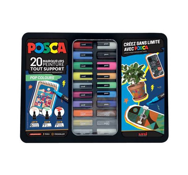 Mallette 20 marqueurs POSCA POP COLOURS, couleurs classiques