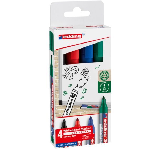 Marqueur effaçable pour tableaux blancs Edding 360 - Pochette de 4 assortis
