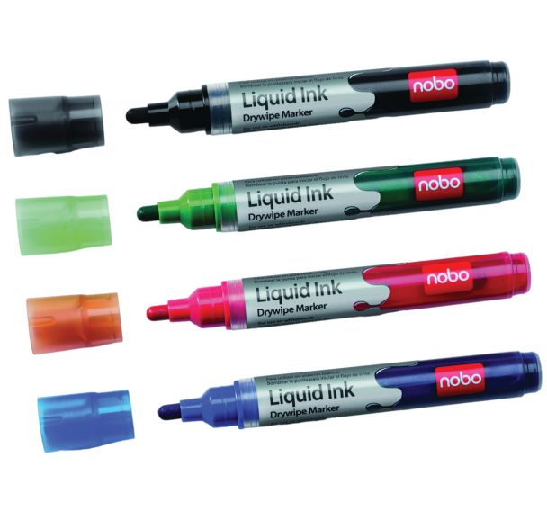 Marqueurs Nobo effaçables à sec Liquid Ink assortis