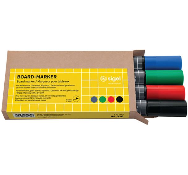 Marqueurs pour tableaux - noir/bleu/rouge/vert - 4pce - Sigel