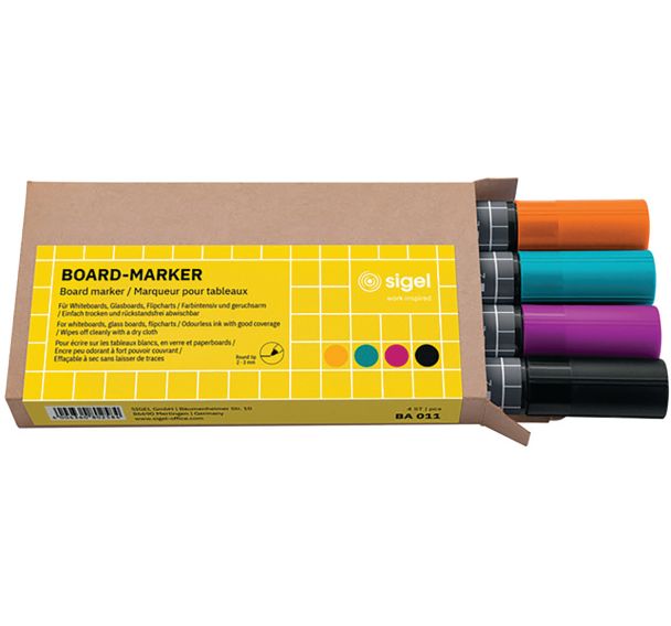 Marqueurs pour tableaux - noir/turquoise/magenta/orange - 4pce - Sigel