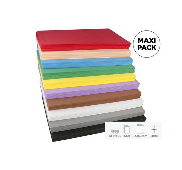 Maxi-pack 100 plaques mousse EVA 20x30cm x2mm 10 couleurs