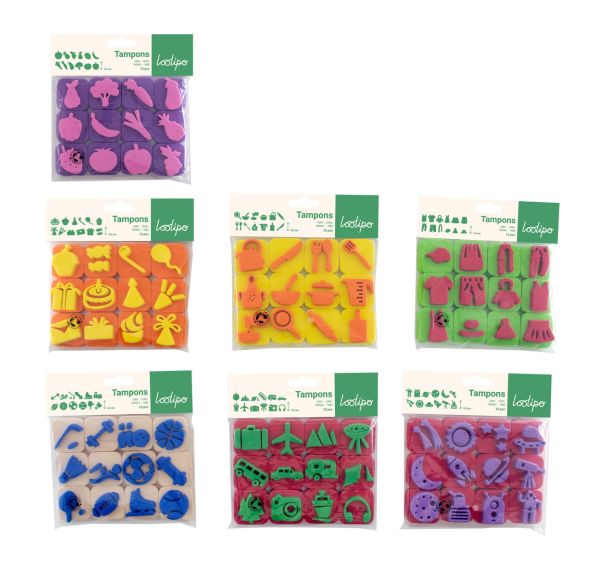 Maxi pack de 84 mini tampons 7 thèmes assortis