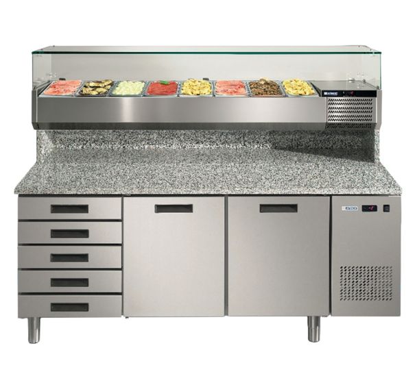 Meuble de préparation pizza, 2 portes réfrigérées + 5 tiroirs neutres- MPF25-1